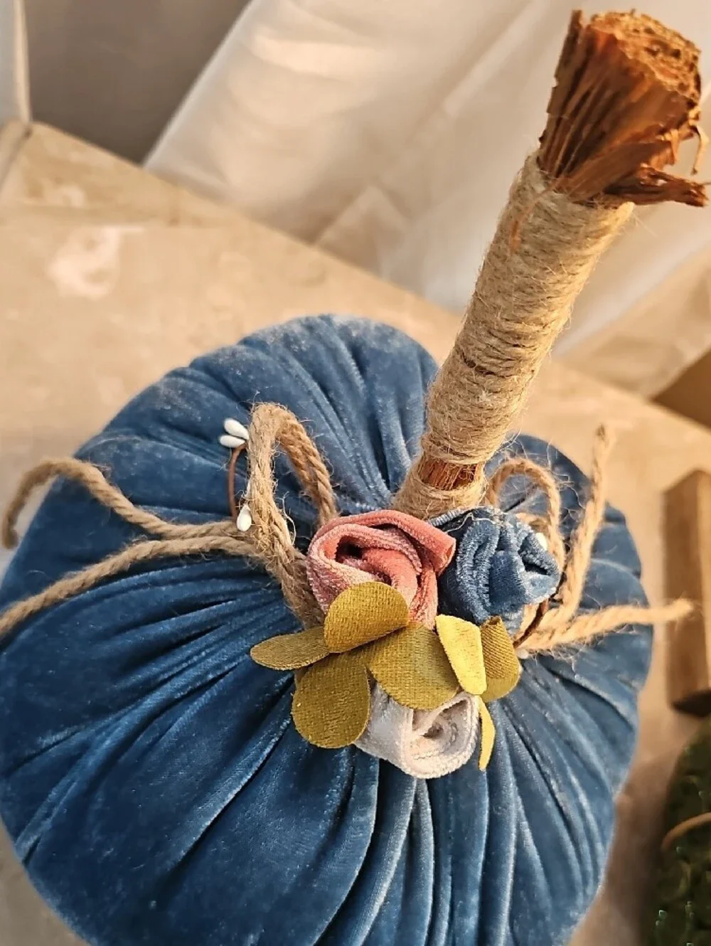Blue Velvet Floral Decorative Pumpkin - Home Accents
